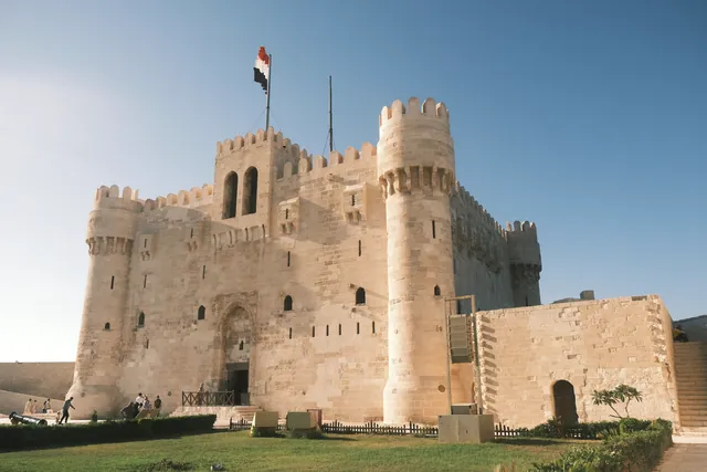 Sunny view of the majestic Citadel of Qaitbay in Alexandria, Egypt.