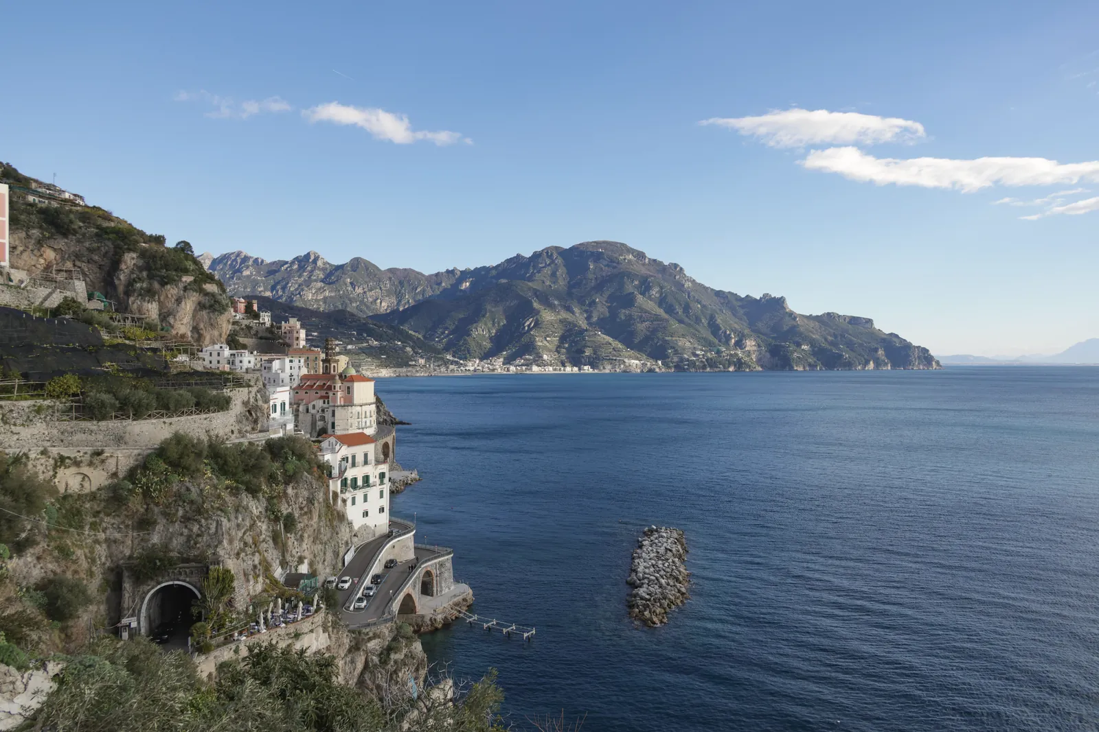 Stunning view of the Amalfi Coast with Mediterranean architecture and azure waters.