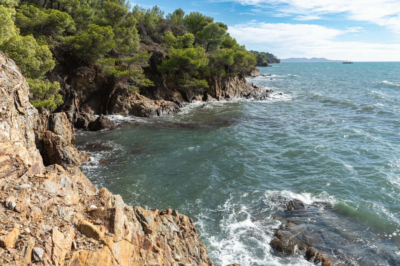 A scenic view of rugged cliffs meeting the ocean under a clear blue sky, surrounded by lush greenery.