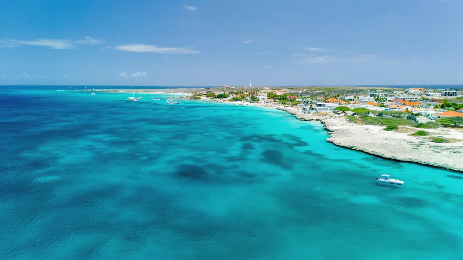 A breathtaking aerial view of Aruba's coastline featuring turquoise waters and a clear blue sky.