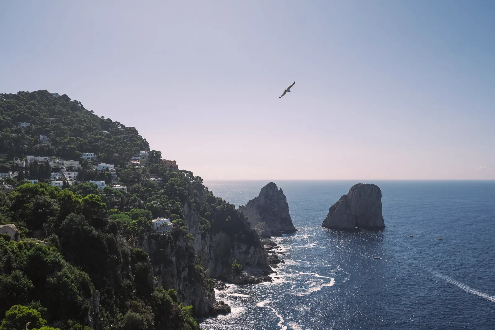 Stunning coastal landscape of Capri, Italy with dramatic sea cliffs and clear blue waters.