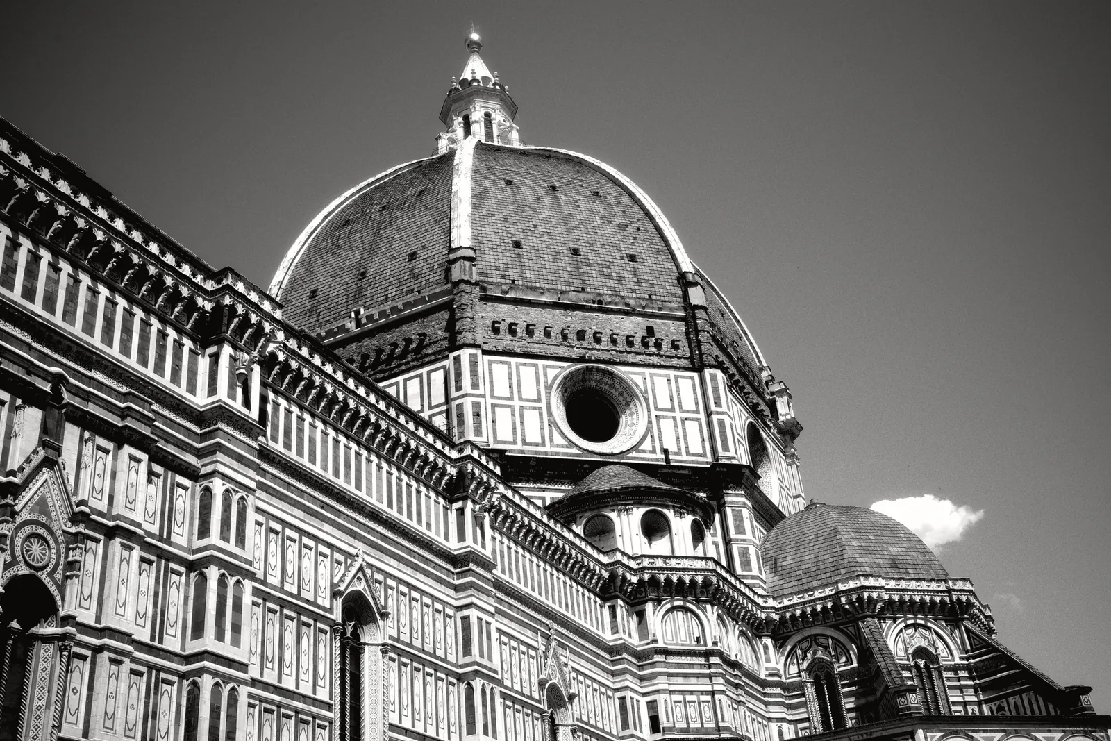 Stunning black-and-white photo of Florence Cathedral's dome, a masterpiece of architecture.