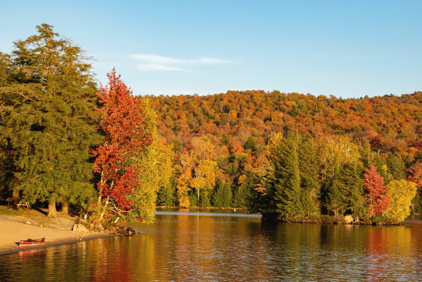 Vibrant fall foliage at Cranberry Lake, showcasing colorful trees and serene waters.