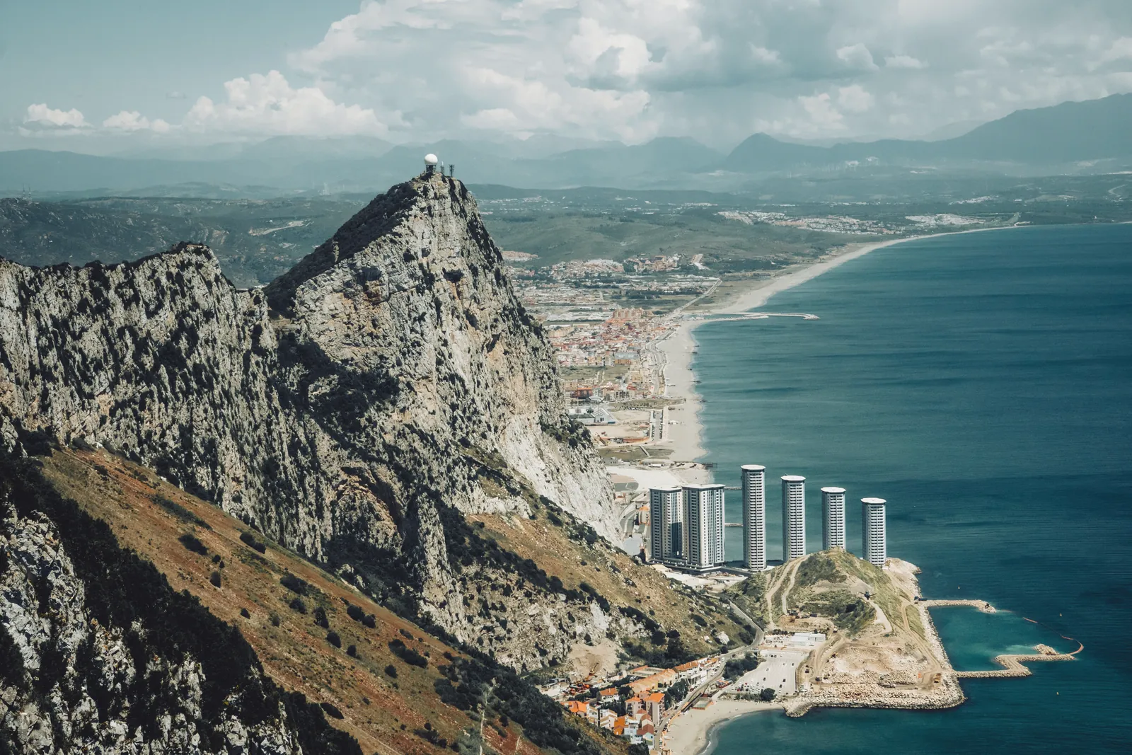 A stunning aerial view of the Rock of Gibraltar and surrounding seascape.