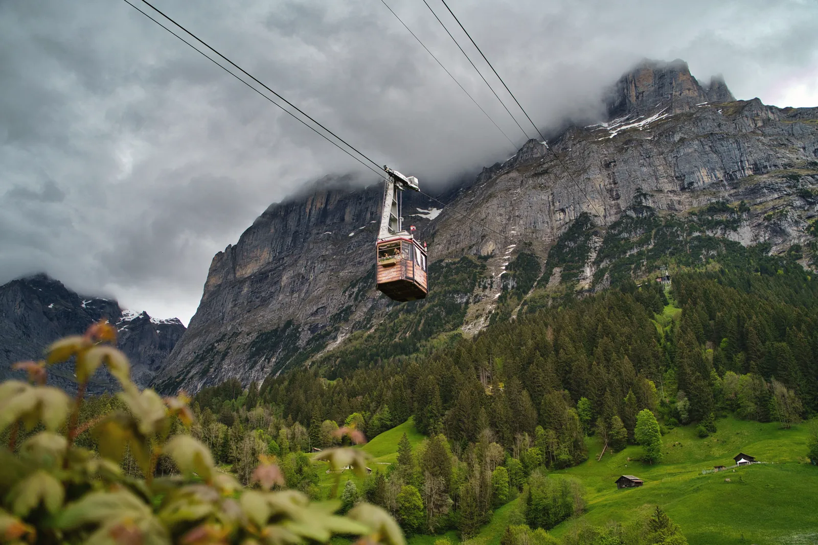 Scenic view of a cable car in Grindelwald, Switzerland, against mountains and lush greenery.