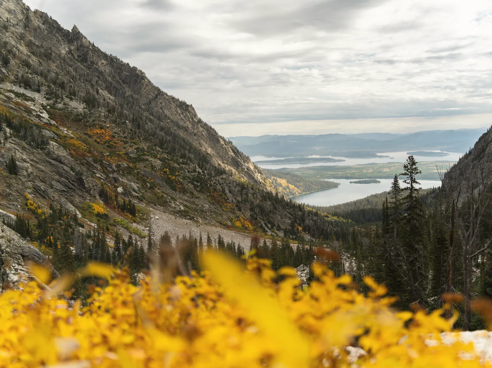 Beautiful autumn landscape with an alpine lake in Wyoming's Grand Teton National Park.