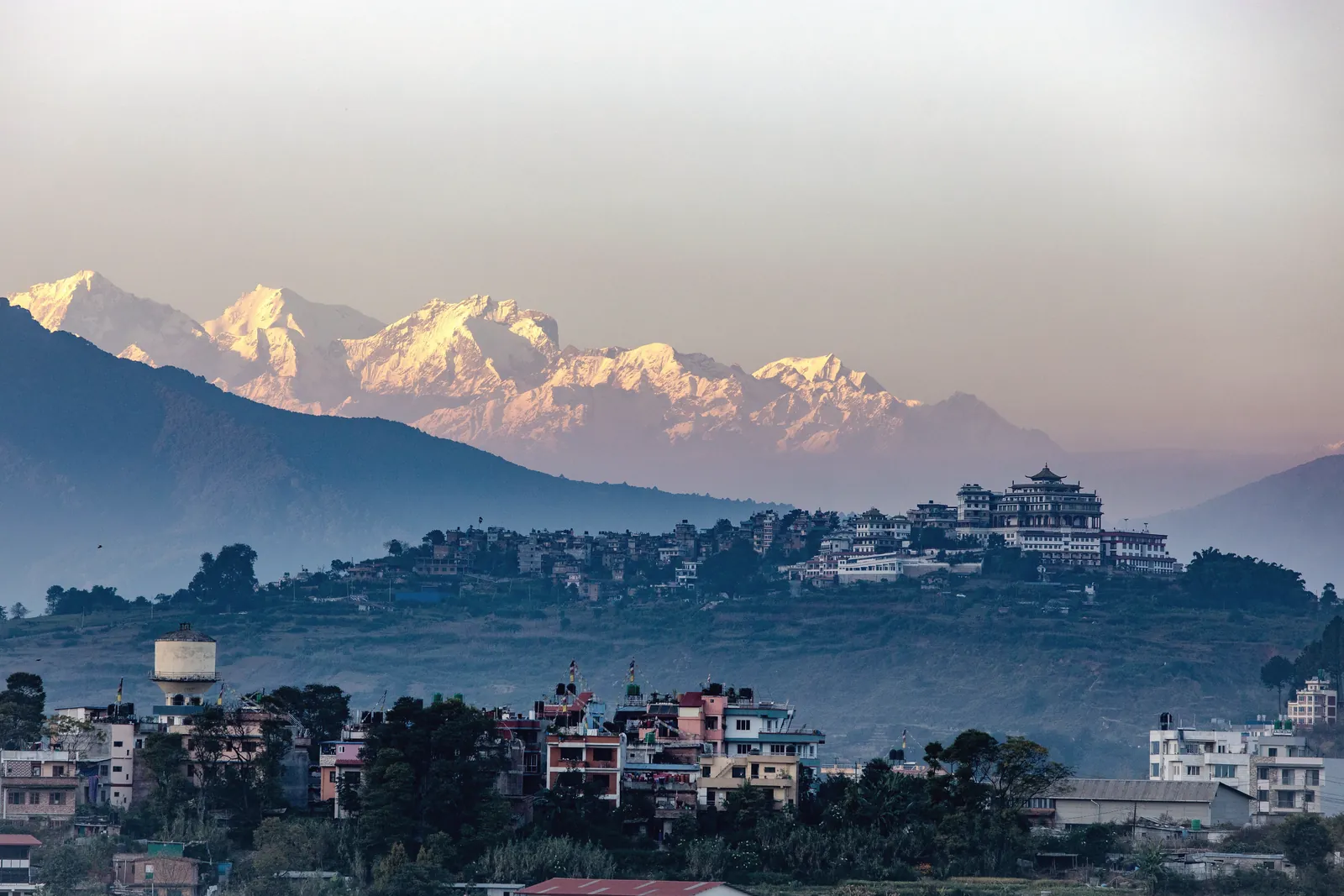 Stunning sunset view of Kathmandu Valley with the Himalayas in the background in Nepal.