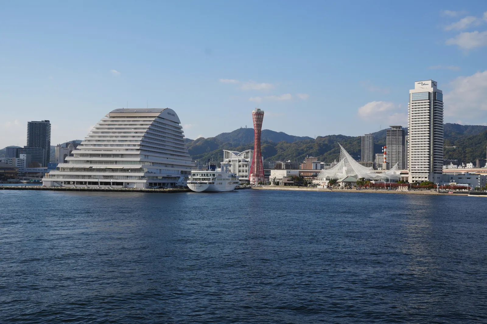 View of Kobe Port skyline featuring iconic harbor tower and modern architecture.