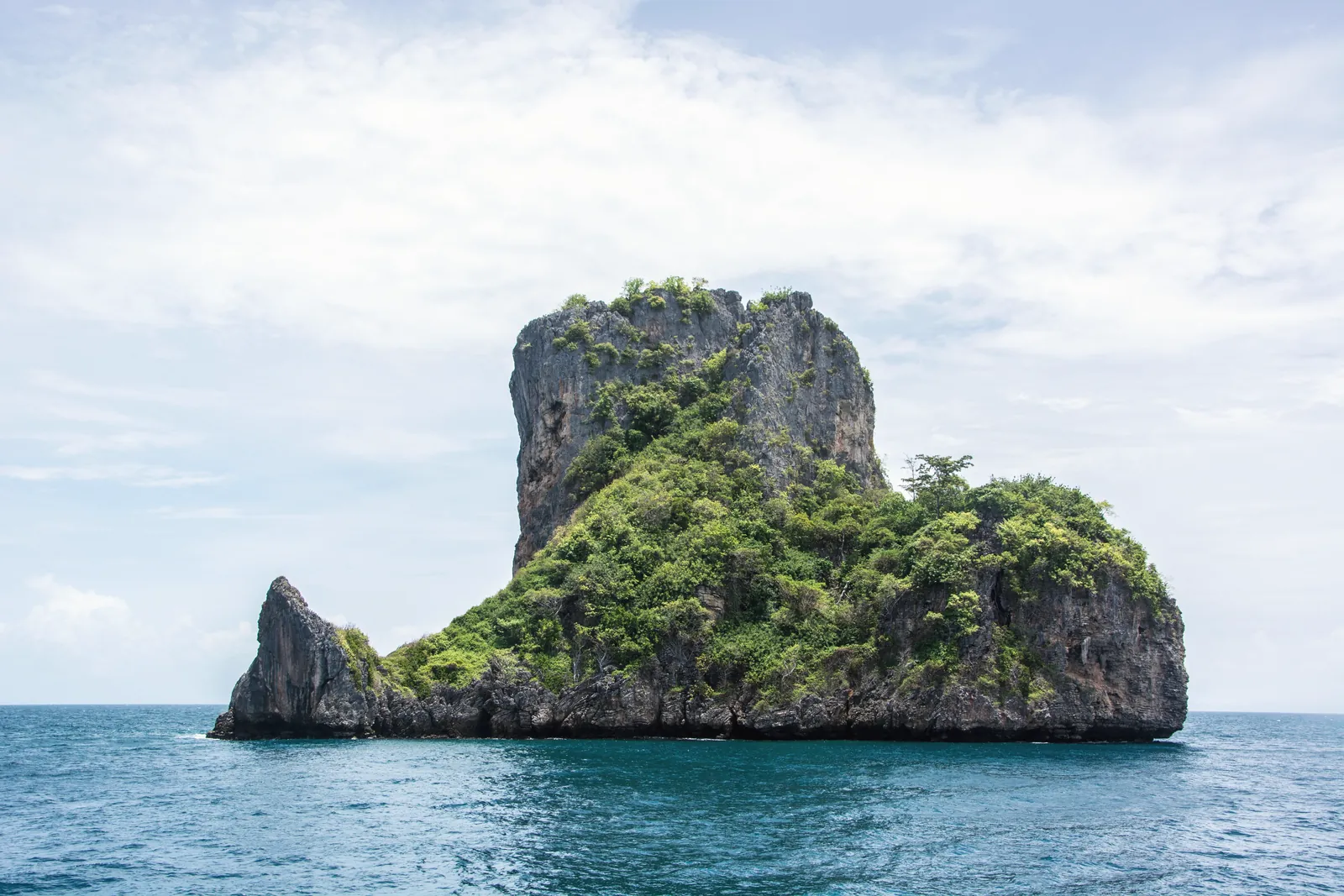 Scenic limestone island in Ao Nang, Thailand surrounded by blue ocean and sky.