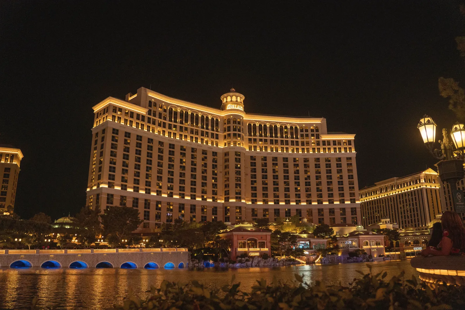 Stunning nighttime view of the Bellagio Hotel, showcasing its vibrant lights in Las Vegas, Nevada.