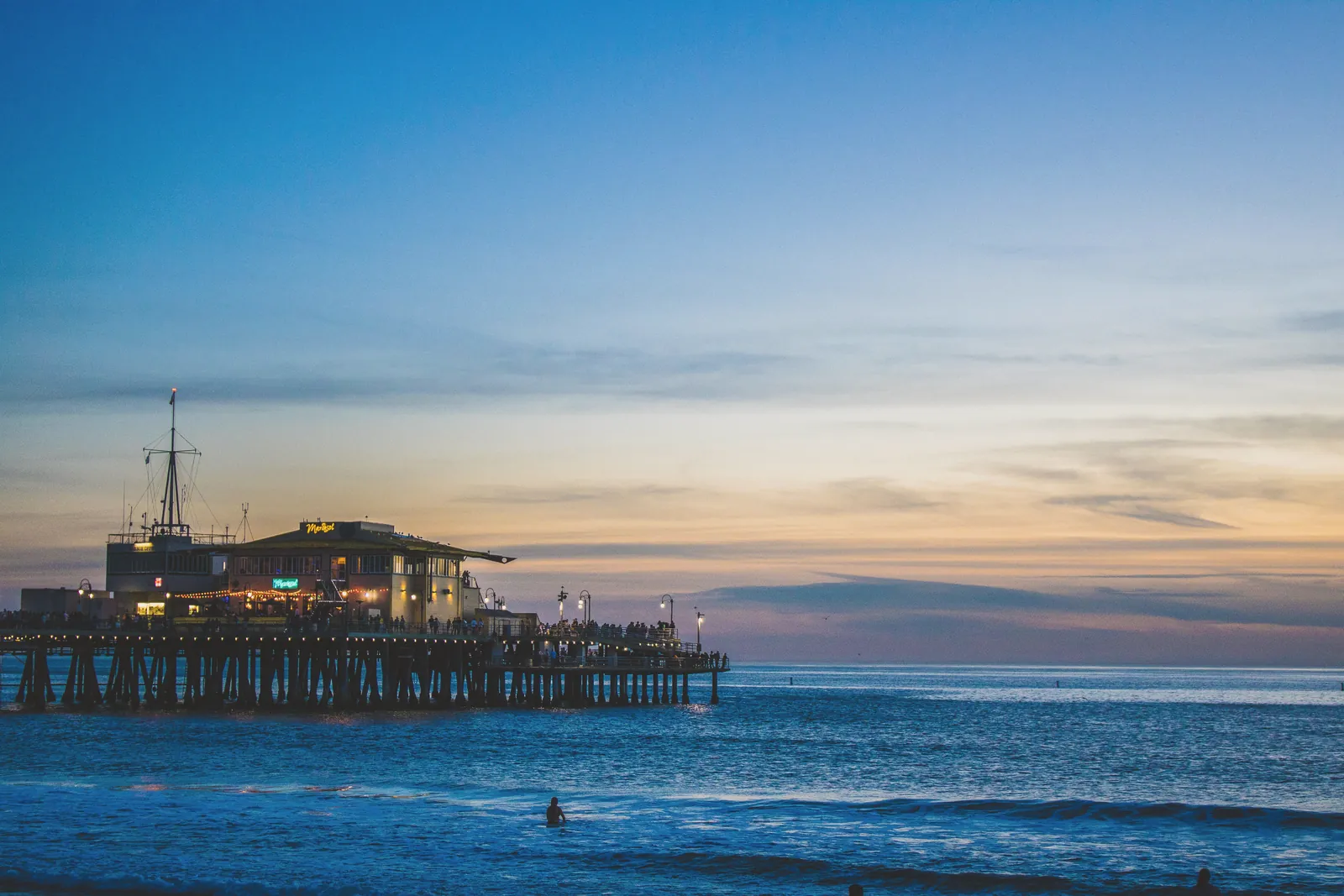 Serene twilight scene of Santa Monica Pier with ocean reflection at dusk.