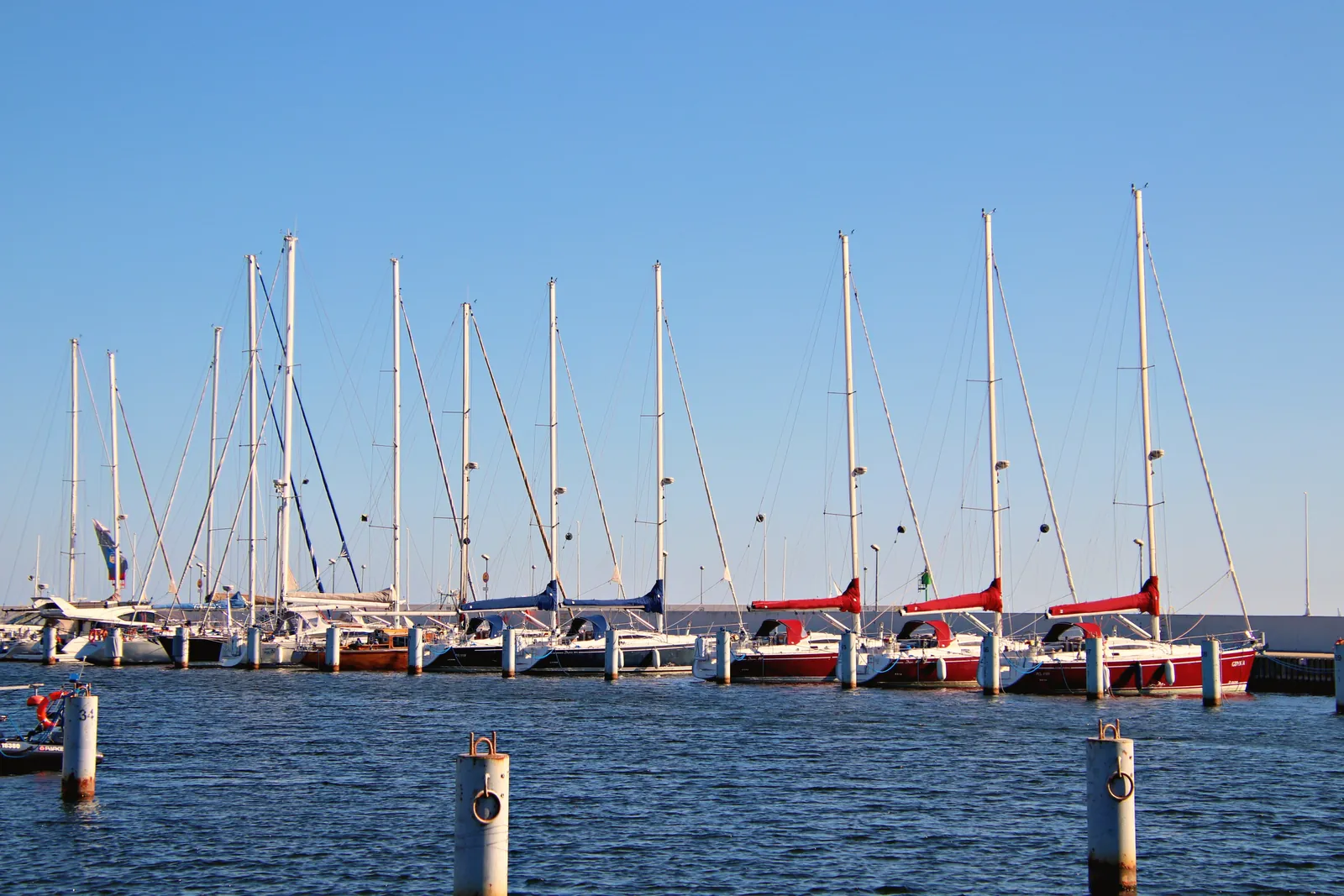 Sailboats docked at a marina under a clear blue sky, offering a serene oceanic view.
