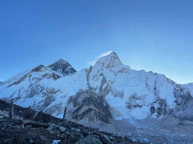 Stunning snowy peaks of Nuptse and Everest in the Himalayas during winter.