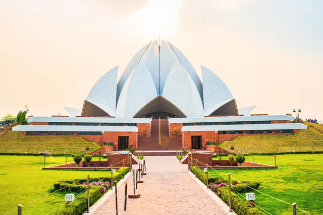 Stunning view of the Lotus Temple in New Delhi, India, showcasing its unique architectural design.