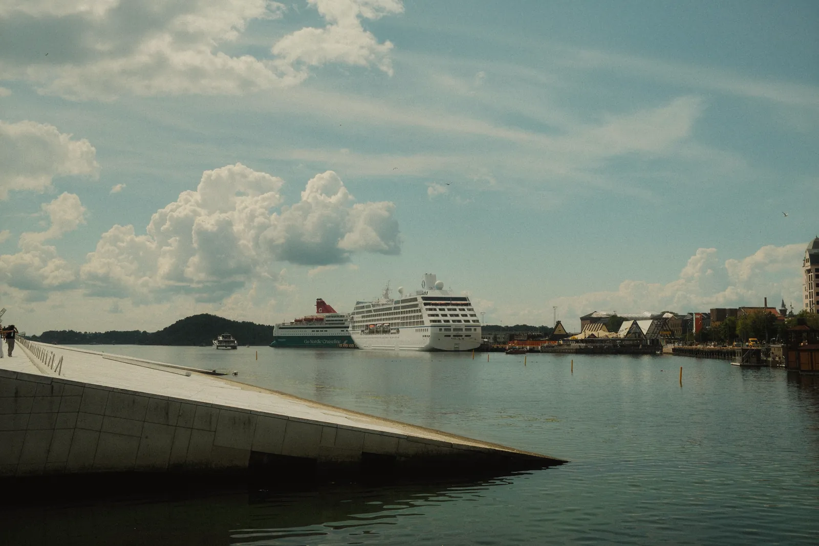 Scenic Oslo harbor featuring cruise ships under a cloudy sky.