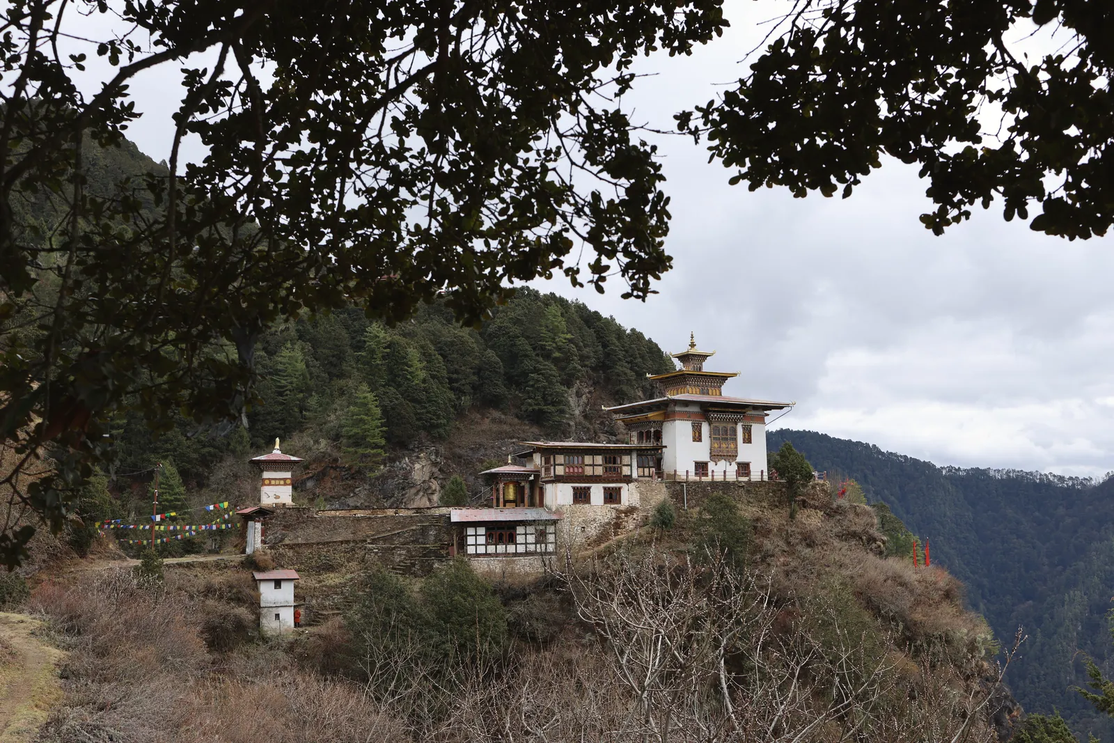 A serene Bhutanese monastery perched on a hillside surrounded by lush forests and misty mountains.