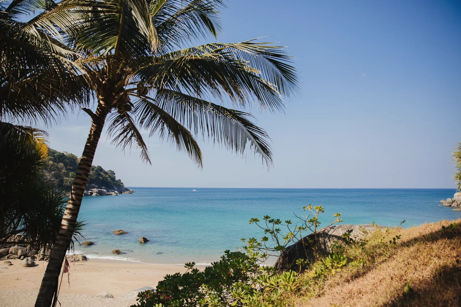 Serene tropical beach view with palm trees and turquoise waters in Phuket, Thailand.