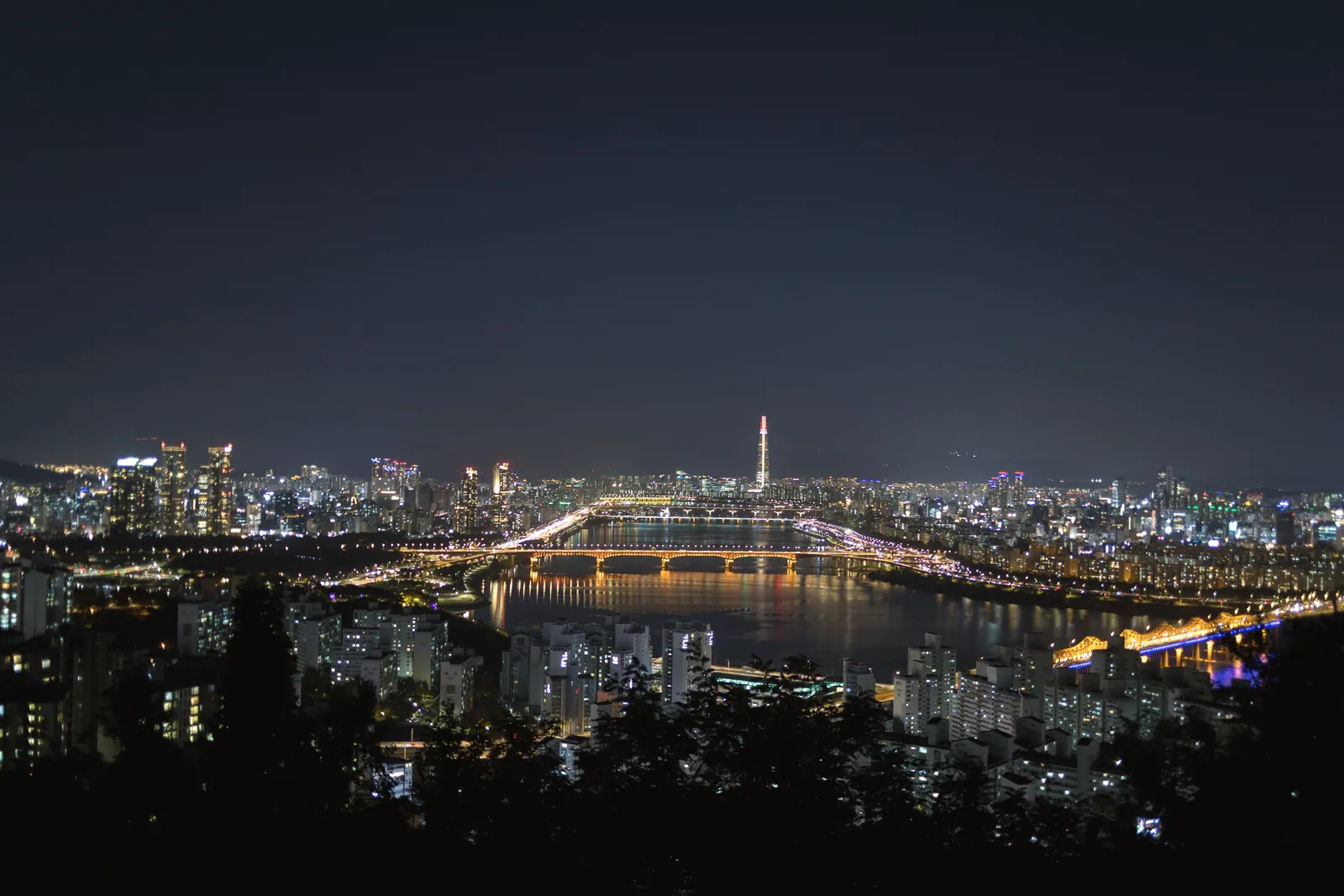 Explore the dazzling night cityscape of Seoul, brightly illuminated with modern skyscrapers over the Han River.