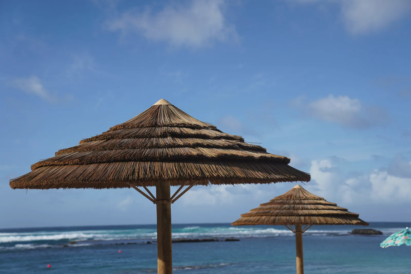 Serene Hawaiian beach view with straw umbrellas and clear blue sky, perfect for a summer getaway.