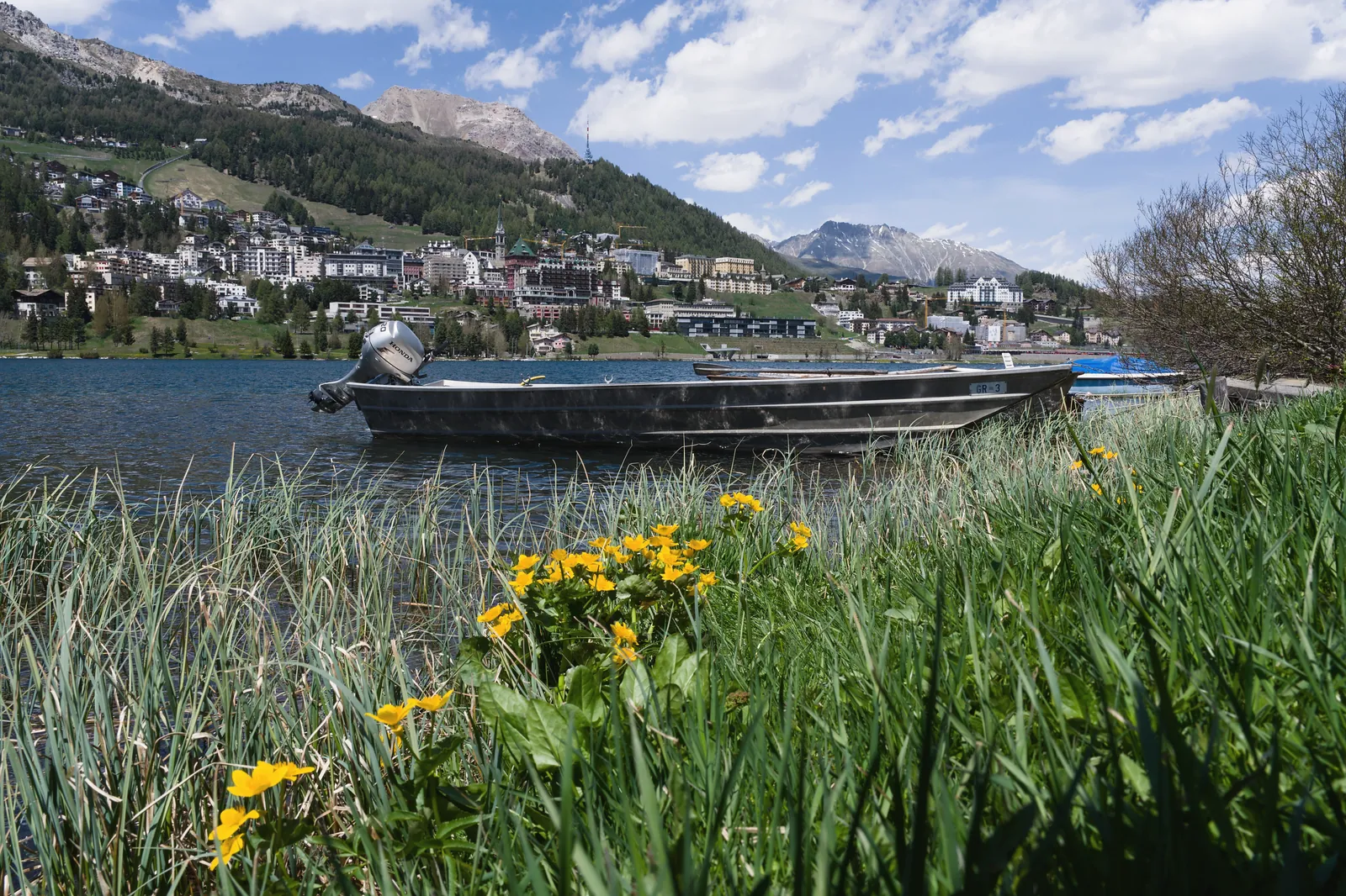 A picturesque scene of a boat on Lake St. Moritz with vibrant flowers in the foreground and mountains in the background.