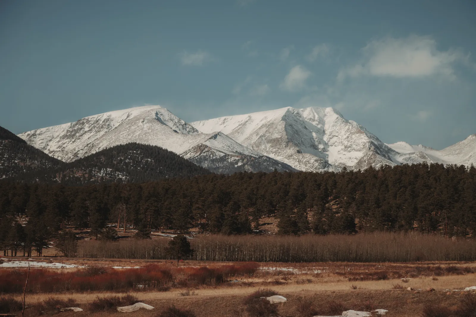 Stunning snow-covered Rocky Mountains with evergreen forest in winter landscape.