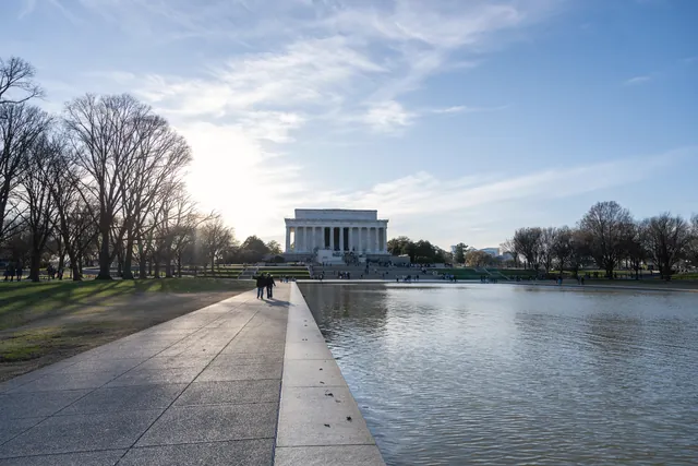 Iconic view of the Lincoln Memorial reflecting in the pool at dusk in Washington, D.C.