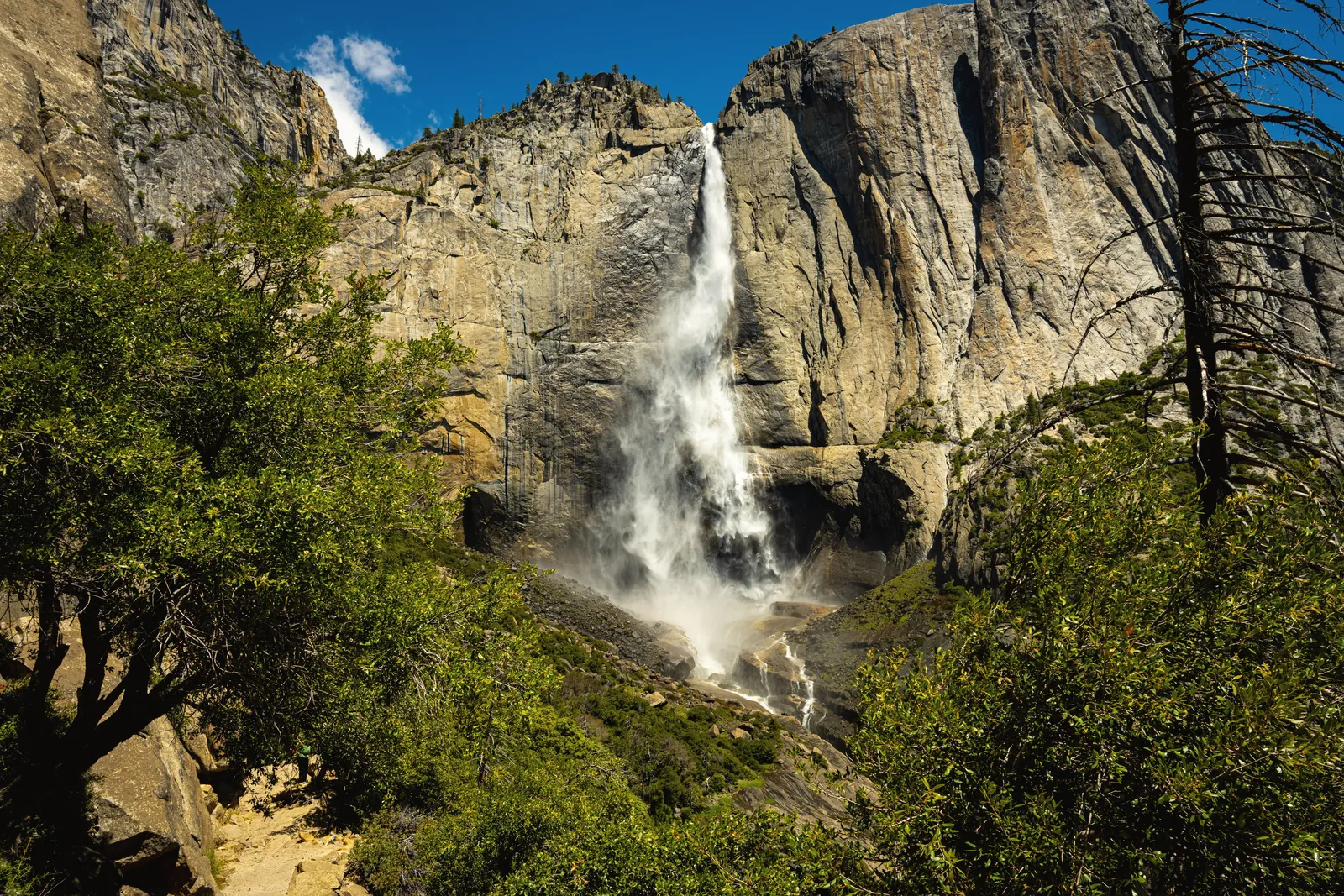 Stunning view of Yosemite Falls in California against a clear blue sky.